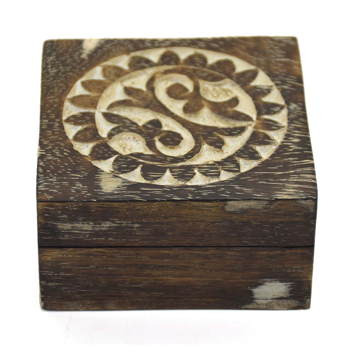 Wooden Jewelry Boxes Wholesale – Handmade Wooden Box – Carved Leafy Motifs – Brown & White Distressed Finish – Unique Storage/Trinket Boxes